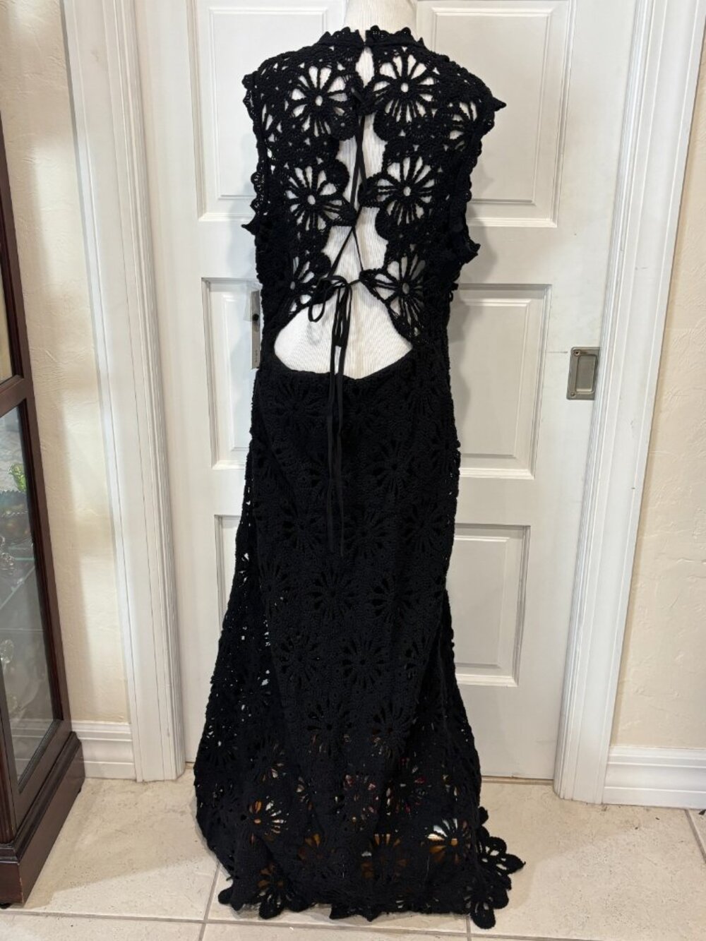 Bloomingdale's Aqua Maxi Dress Womens 2XL Black Crochet Sheer Lining Mock Neck - Picture 2 of 14